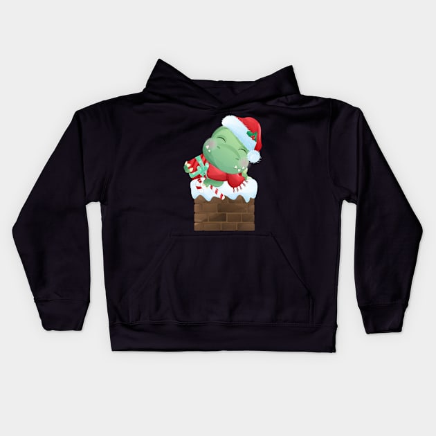 Cute Christmas T Rex Dinosaur Lying On Chimney Kids Hoodie by P-ashion Tee